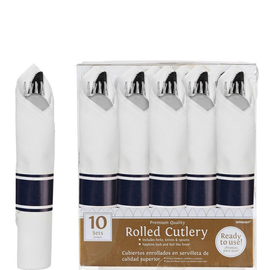 Rolled Metallic Silver Premium Plastic Cutlery Sets, 10ct - True Navy Band