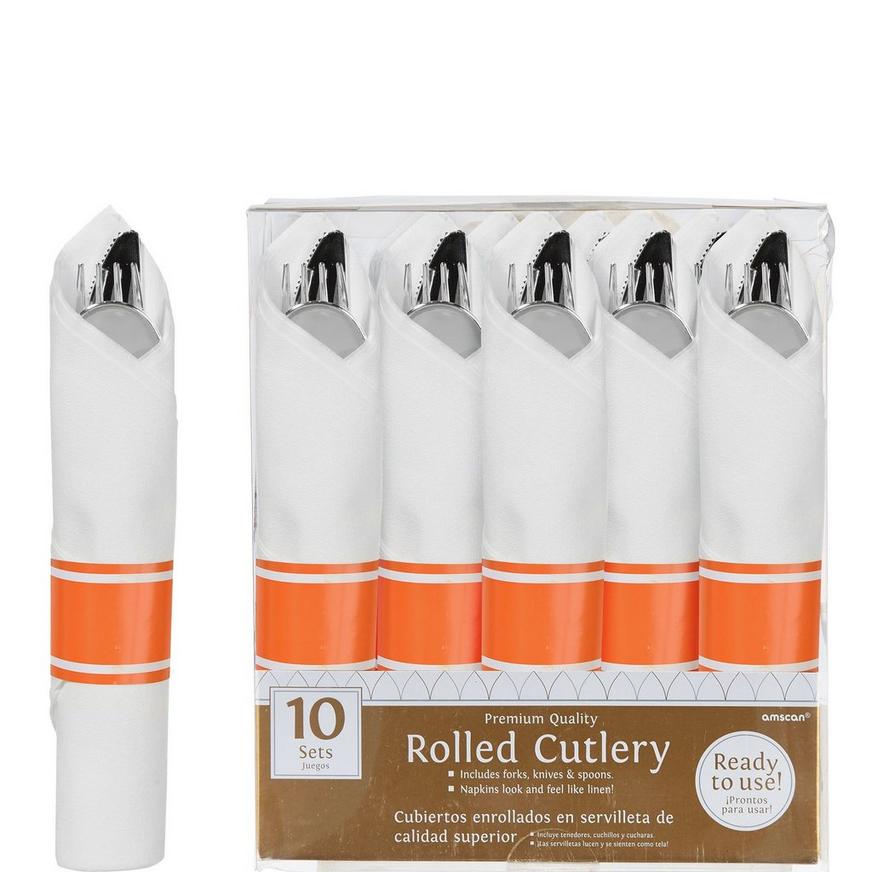 Rolled Metallic Silver Premium Plastic Cutlery Sets, 10ct - Orange Band