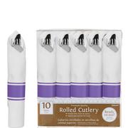 Rolled Metallic Silver Premium Plastic Cutlery Sets, 10ct - Purple Band