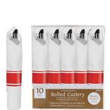 Rolled Metallic Silver Premium Plastic Cutlery Sets, 10ct - Red Band