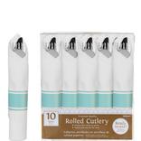 Rolled Metallic Silver Premium Plastic Cutlery Sets, 10ct - Robin's Egg Blue Band