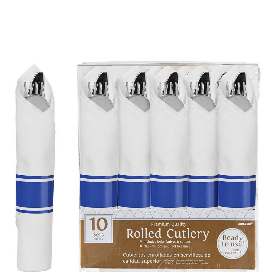Rolled Metallic Silver Premium Plastic Cutlery Sets, 10ct - Royal Blue Band