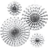 Glitter White & Silver Polka Dot & Chevron Paper Fan Decorations 4ct