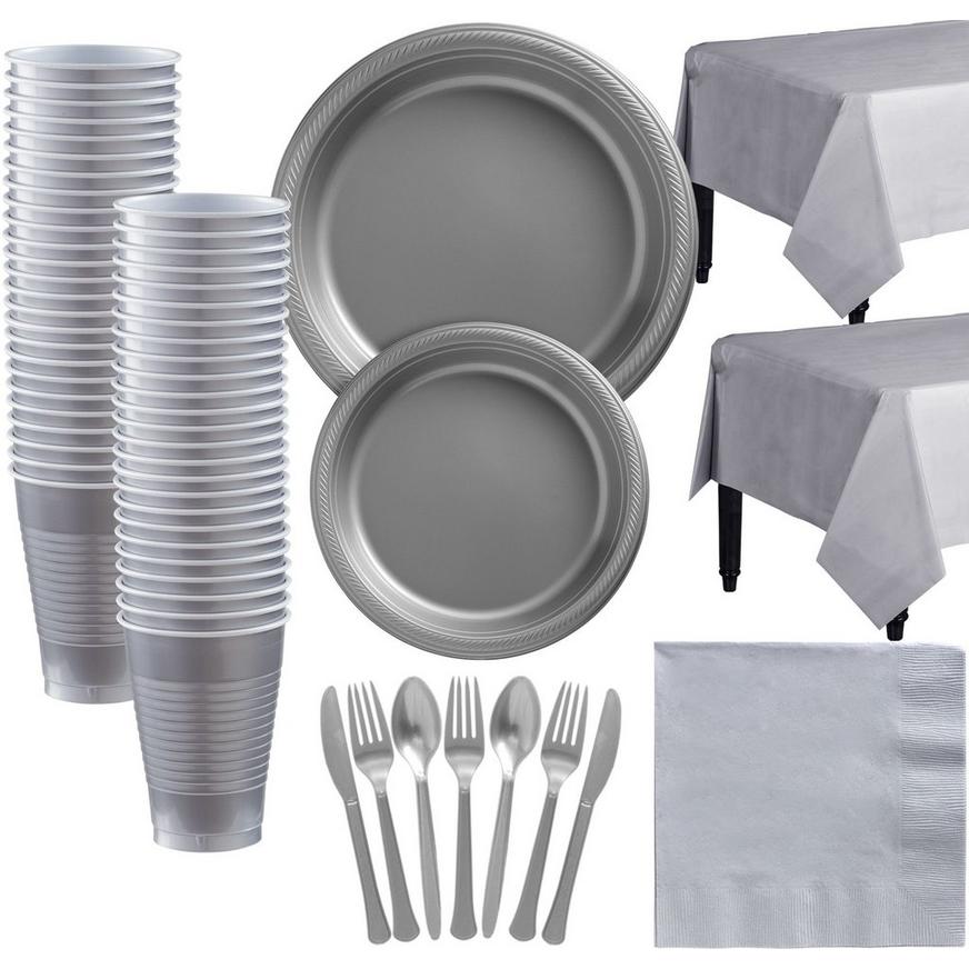 Silver Plastic Tableware Kit for 50 Guests