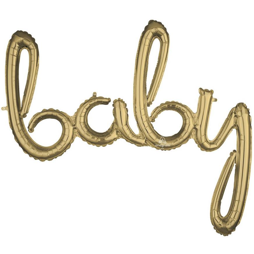 Air-Filled White Gold Baby Cursive Letter Balloon Banner, 39in x 33in