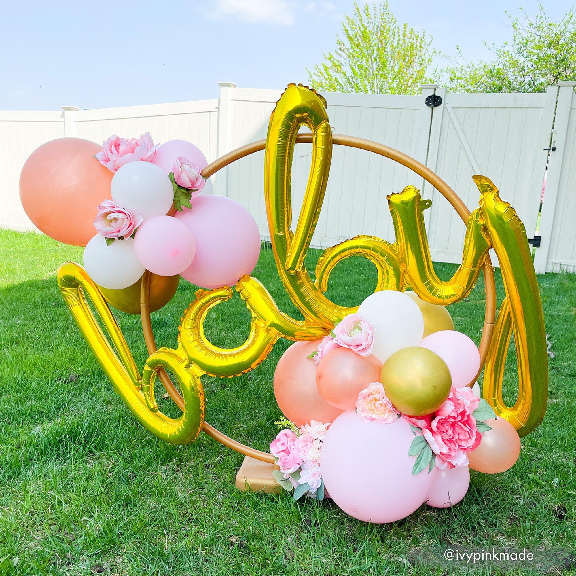 Air-Filled White Gold Baby Cursive Letter Balloon Banner, 39in x 33in