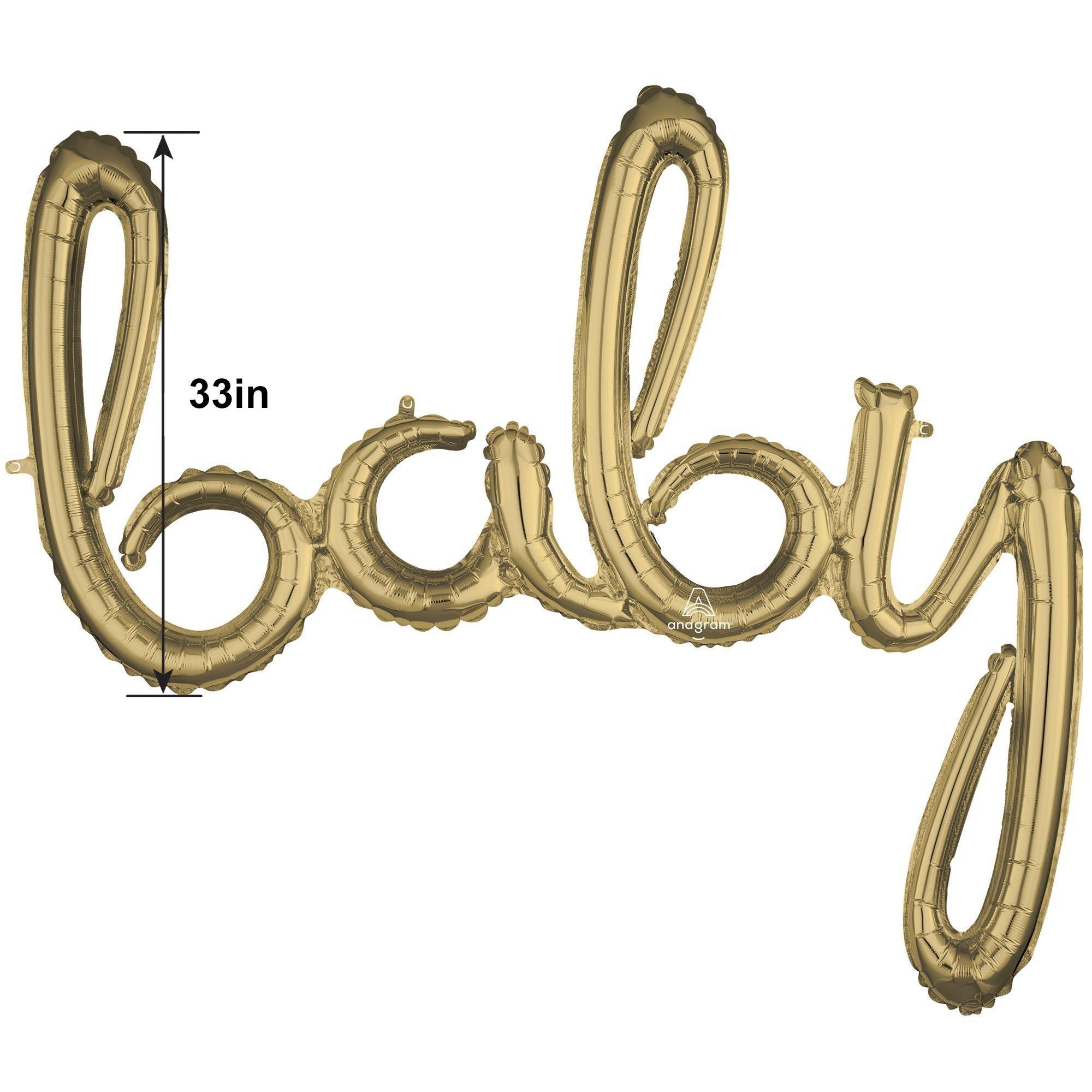 Air-Filled White Gold Baby Cursive Letter Balloon Banner, 39in x 33in