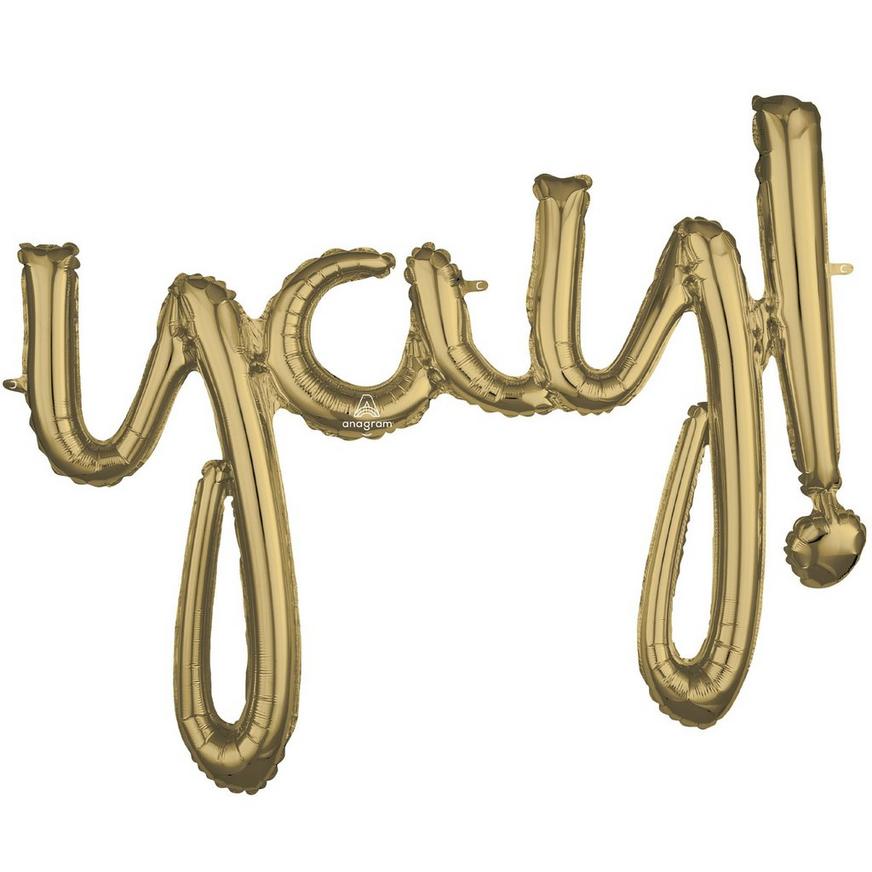 Air-Filled White Gold Yay Cursive Letter Balloon Banner, 35in x 25in