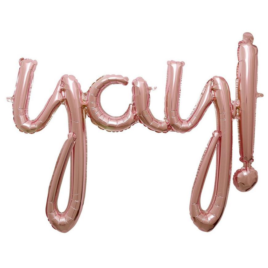 Air-Filled Rose Gold Yay Cursive Letter Foil Balloon Banner, 35in x 25in