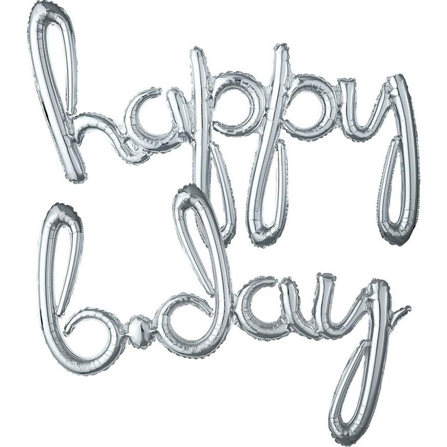 Air-Filled Silver Happy B-Day Cursive Letter Balloon Banners 2ct, 27in