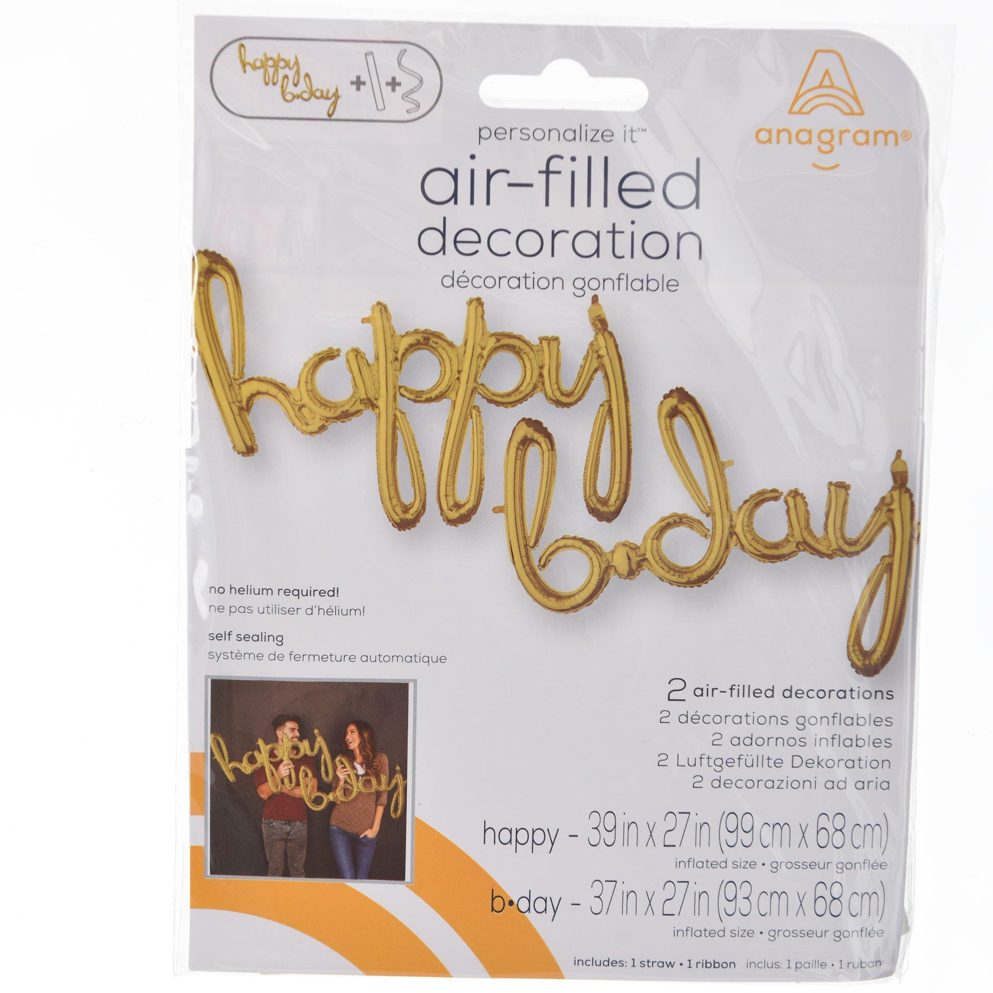 Air-Filled White Gold Happy B-Day Letter Balloon Banner, 2pc