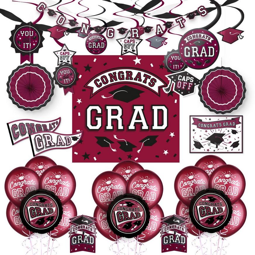 Graduation  Grad  30 pcs BURGANDY Swirl Decorating Room kit w/ mortarboards 