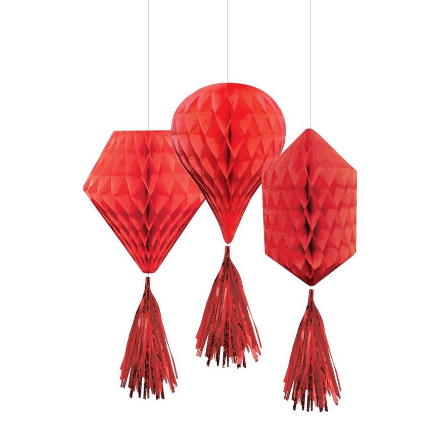 Mini Red Honeycomb Decorations with Tails 3ct