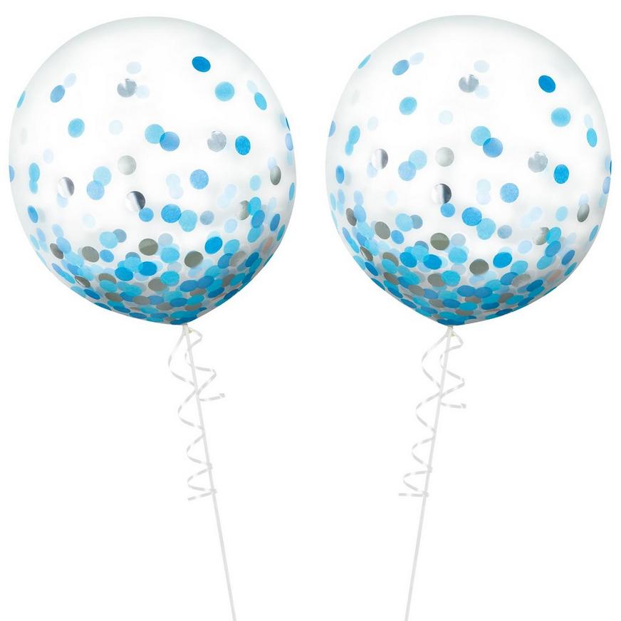 2ct, 24in, Round Blue & Silver Confetti Balloons