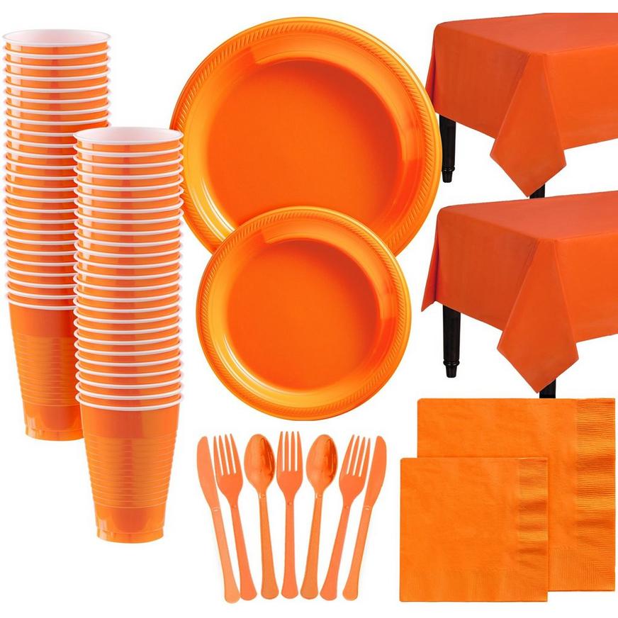 Orange Plastic Tableware Kit for 100 Guests