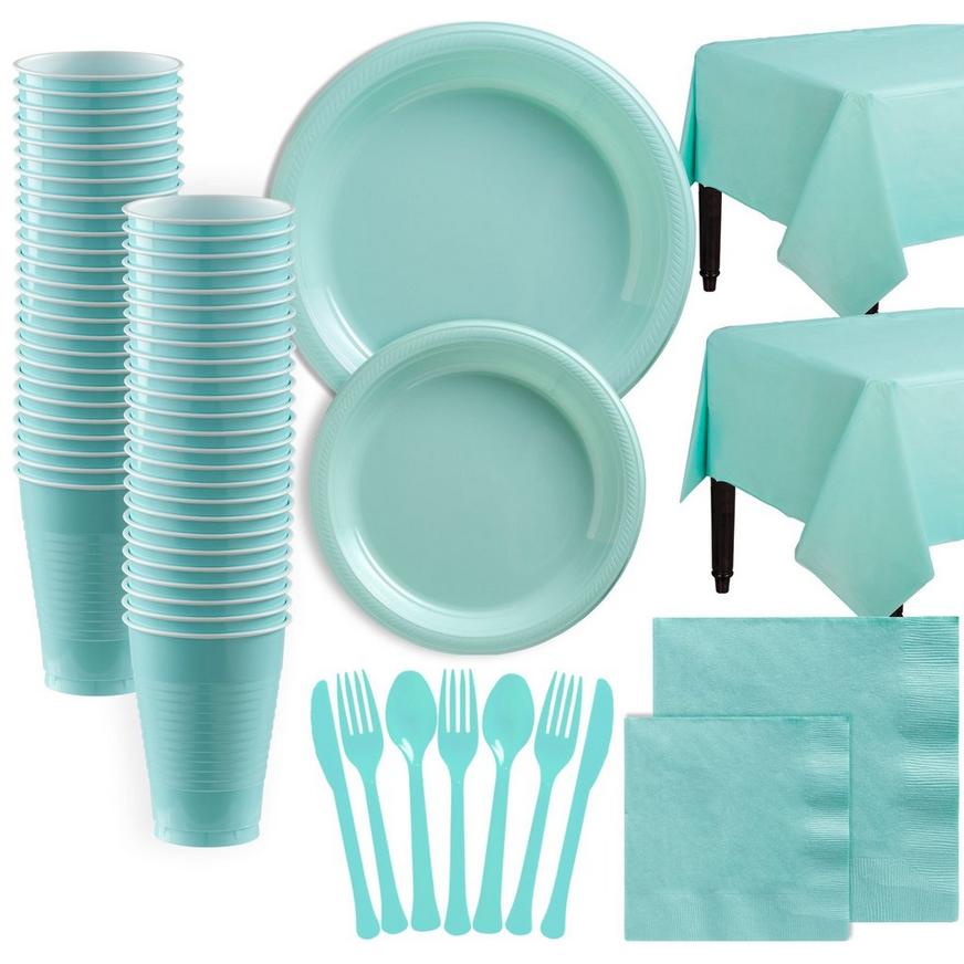 Robin's Egg Blue Plastic Tableware Kit for 100 Guests