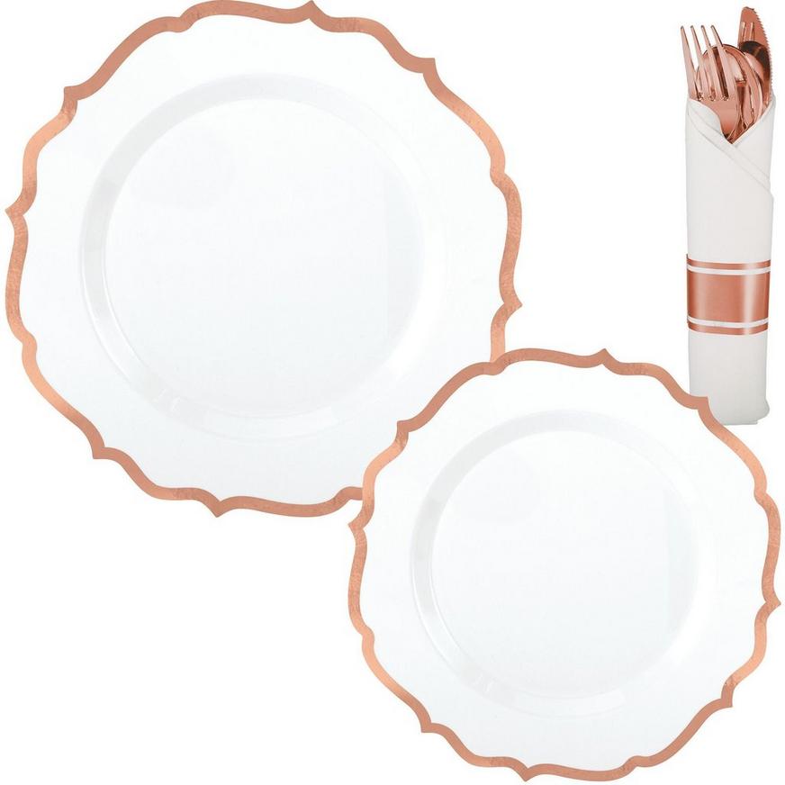 White Rose Gold-Trimmed Ornate Premium Tableware Kit for 40 Guests