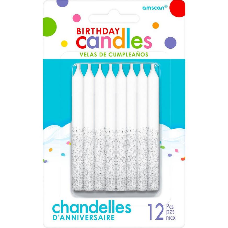 Glitter Silver Birthday Candles 12ct