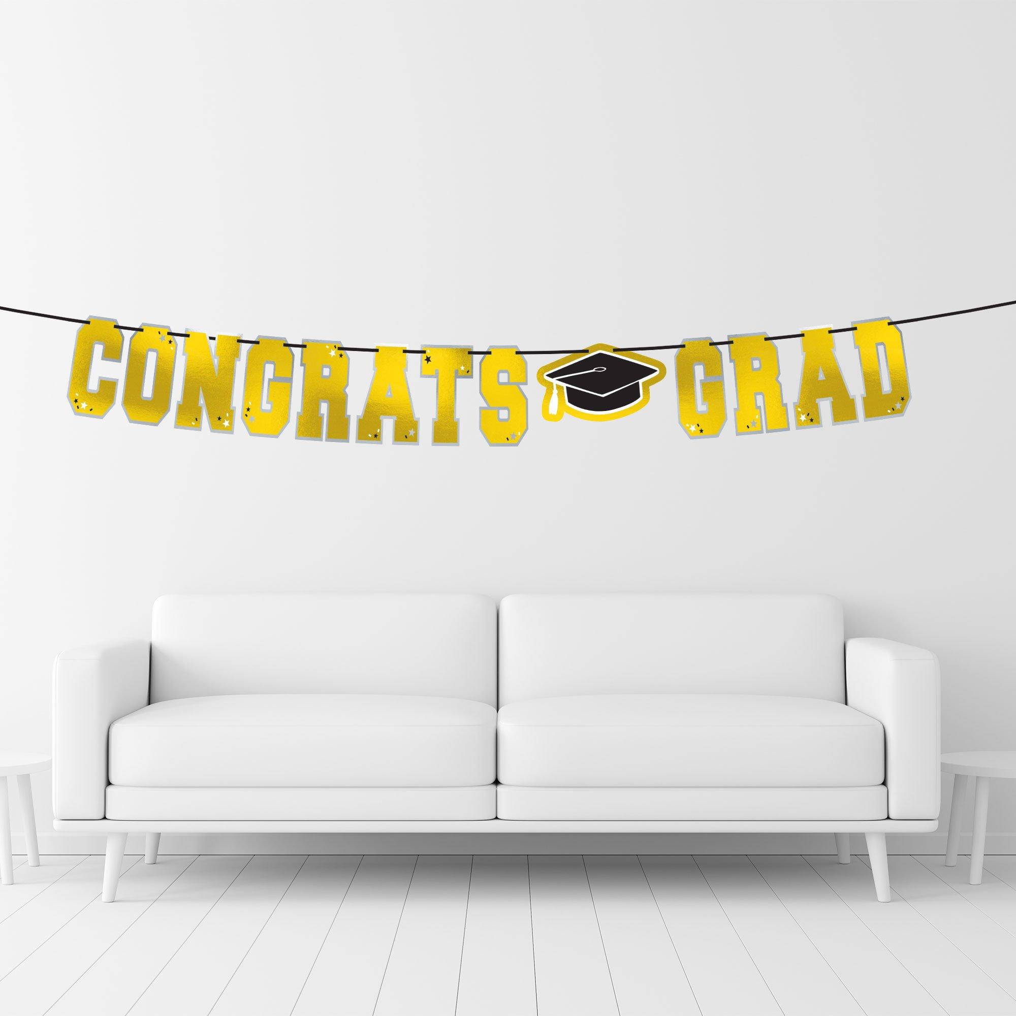 Abschluss-Banner "Congrats Grad" Aus Stoff | Gold, Vorbespannt – Dekoration Für Die Party
