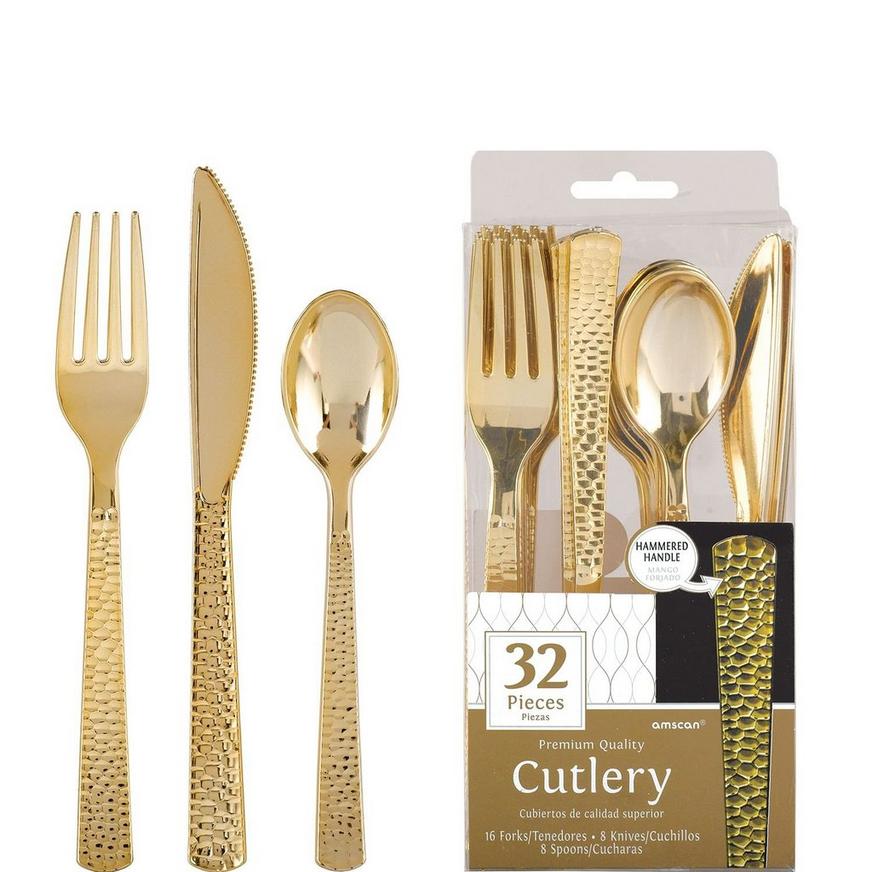 Silver Premium Plastic Hammered Cutlery Set 32ct 