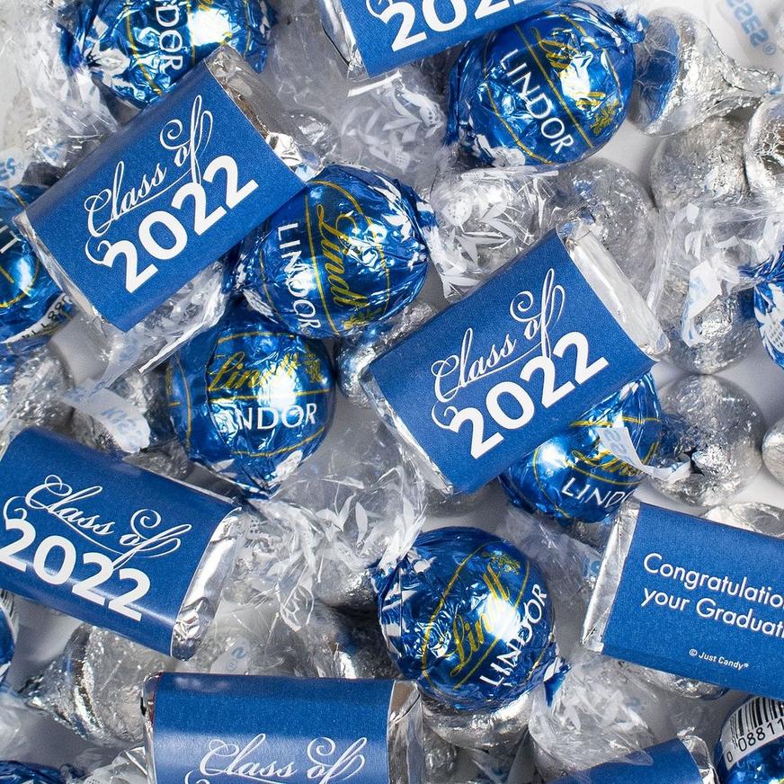Blue Class of 2022 Graduation Chocolate Mix, 3lbs - Hershey's Miniature Milk Chocolate Bars, Milk Chocolate Kisses & Lindor Sea Salt Milk Chocolate Truffles by Lindt