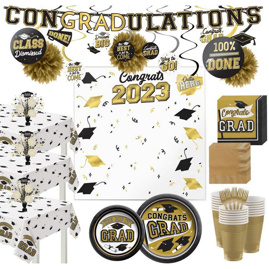 Gold Congrats Grad Graduation Party Kit for 100 Guests
