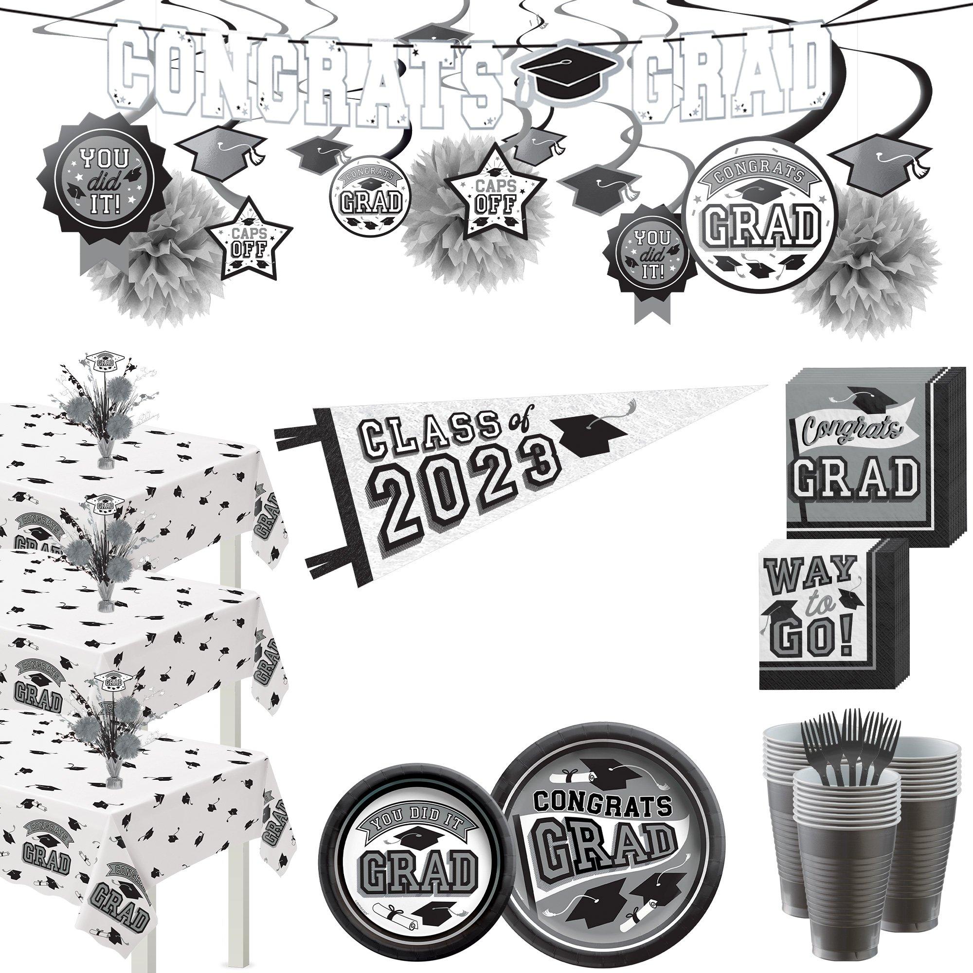 Black & Silver Congrats Grad Graduation Party Kit for 100 Guests