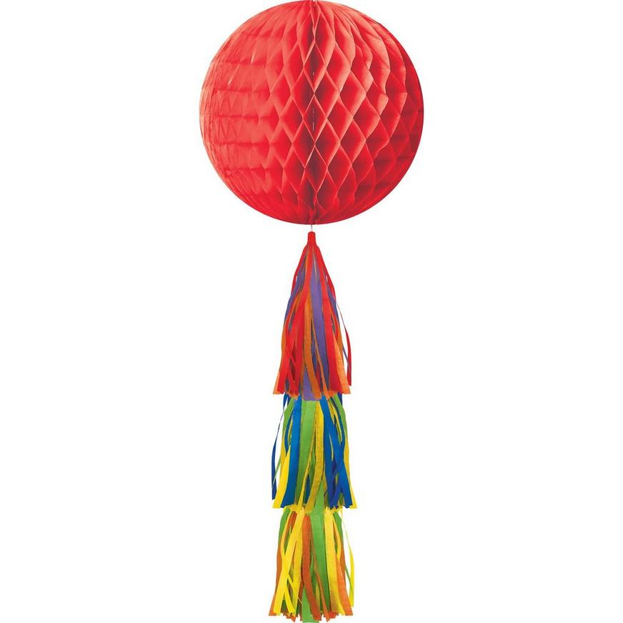 Red Honeycomb Ball Decoration with Rainbow Tail, 11 1/2in x 27 1/2in