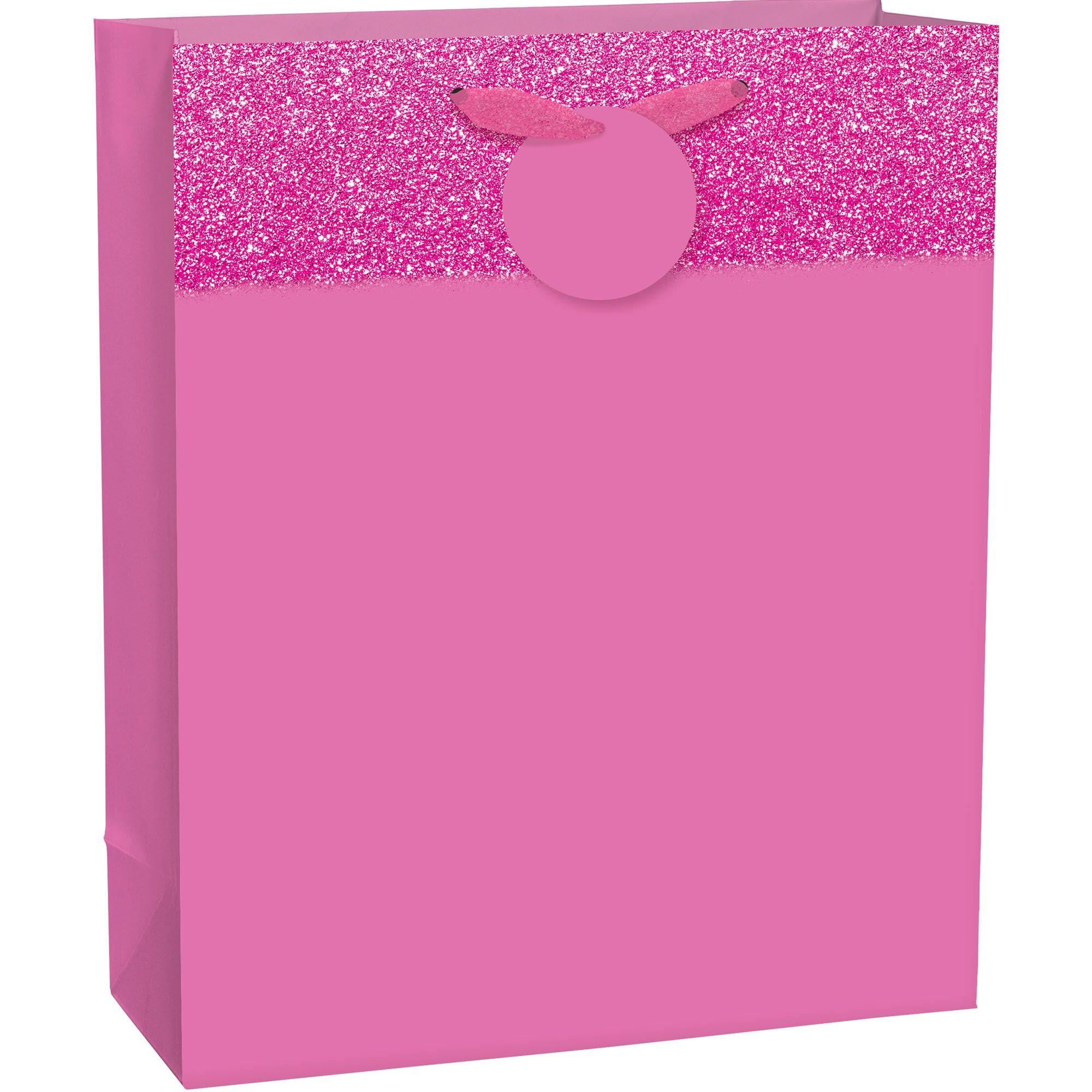 Amscan Large Glitter & Matte Bright Pink Gift Bag 10 1/2in x 13in