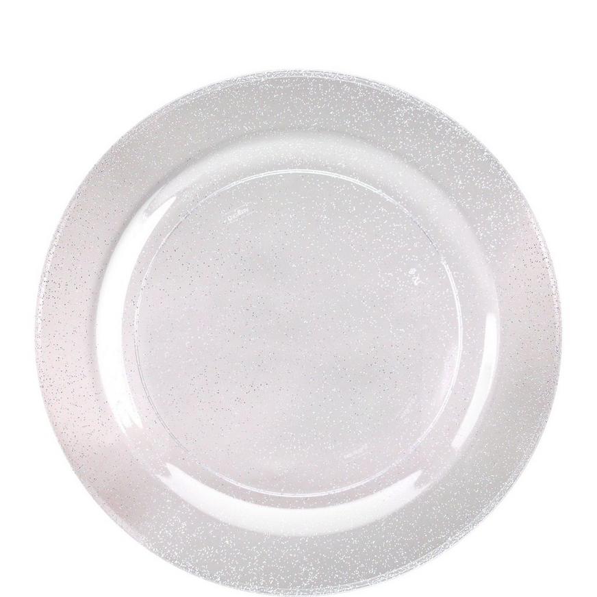 Silver Glitter & White Premium Plastic Dessert Plates, 7.5in, 10ct