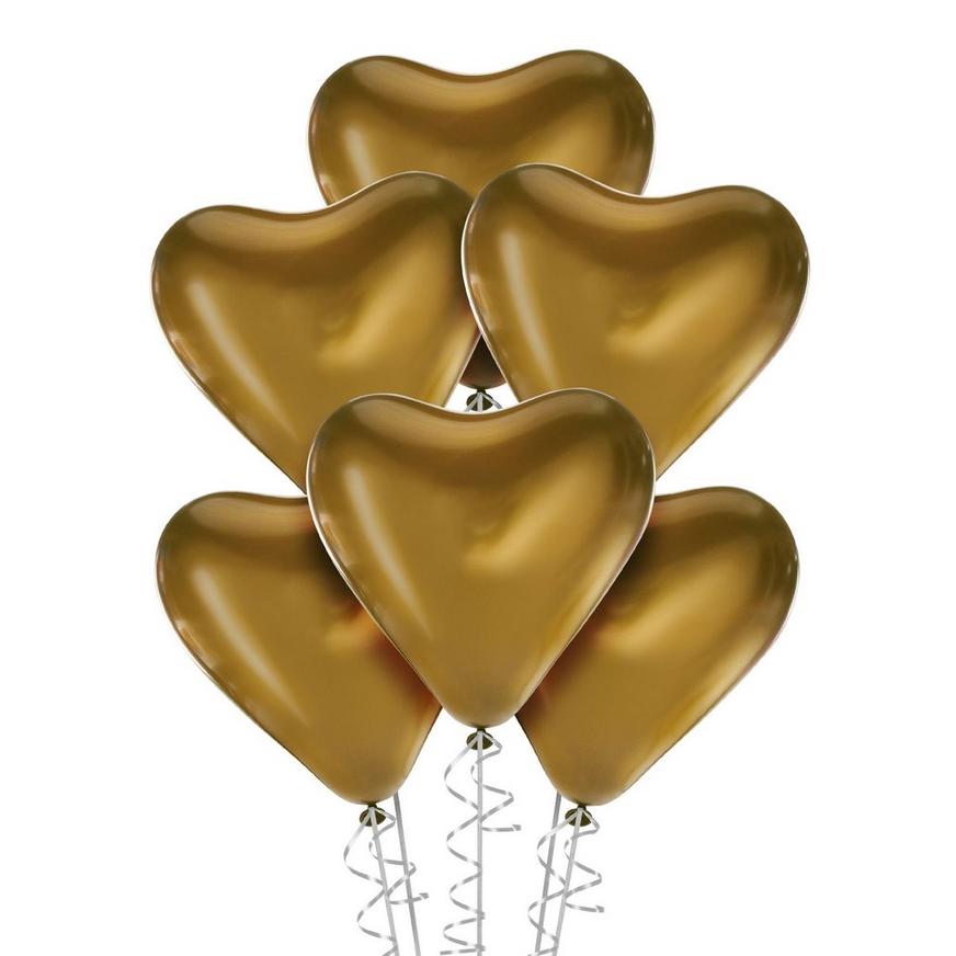 6ct, 12in, Gold Metallic Chrome Satin Luxe Latex Heart Balloons