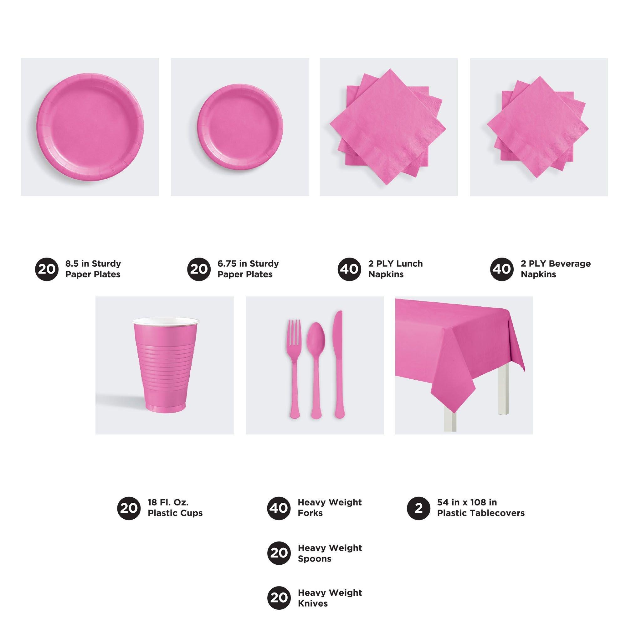 SparkSettings Pink Party Supplies Set, Serves 20 Guests, Disposable Dinnerware Set of 222 Pieces