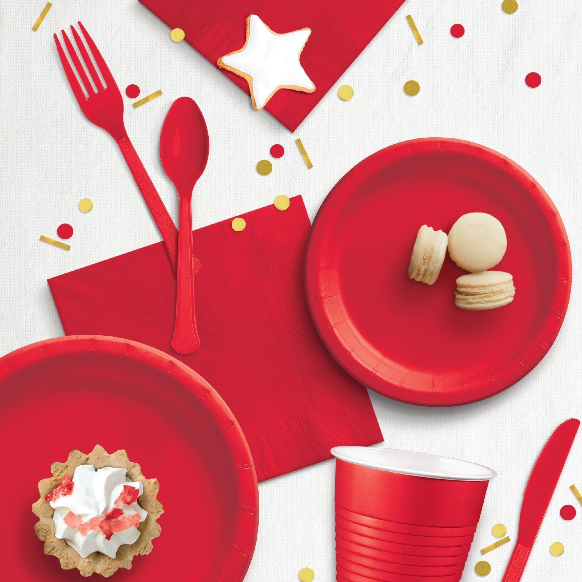 Red Dinnerware Set for 20 Guests, 222pc - Kit Includes Plates, Cups, Napkins, Cutlery & Table Covers