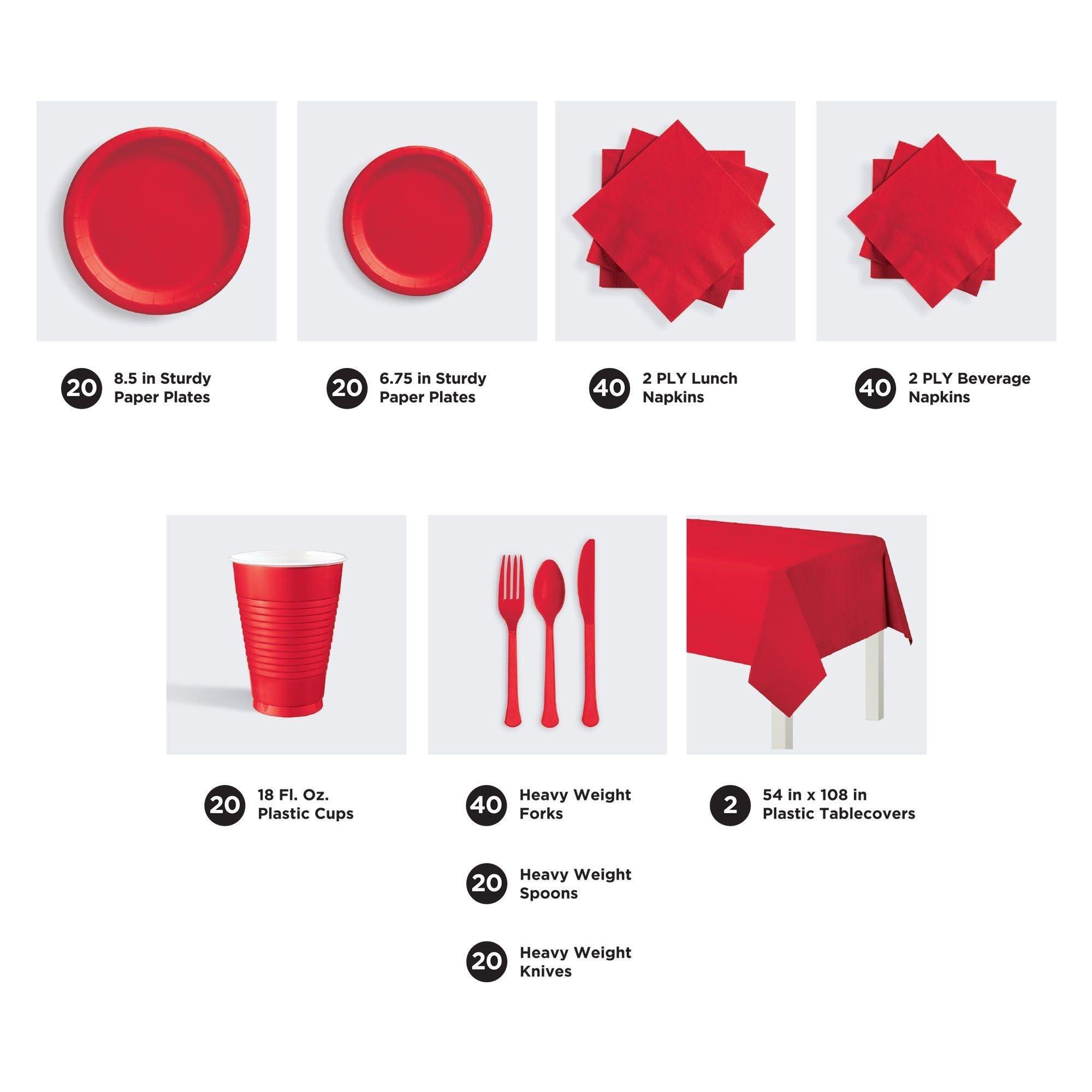 Red Dinnerware Set for 20 Guests, 222pc - Kit Includes Plates, Cups, Napkins, Cutlery & Table Covers