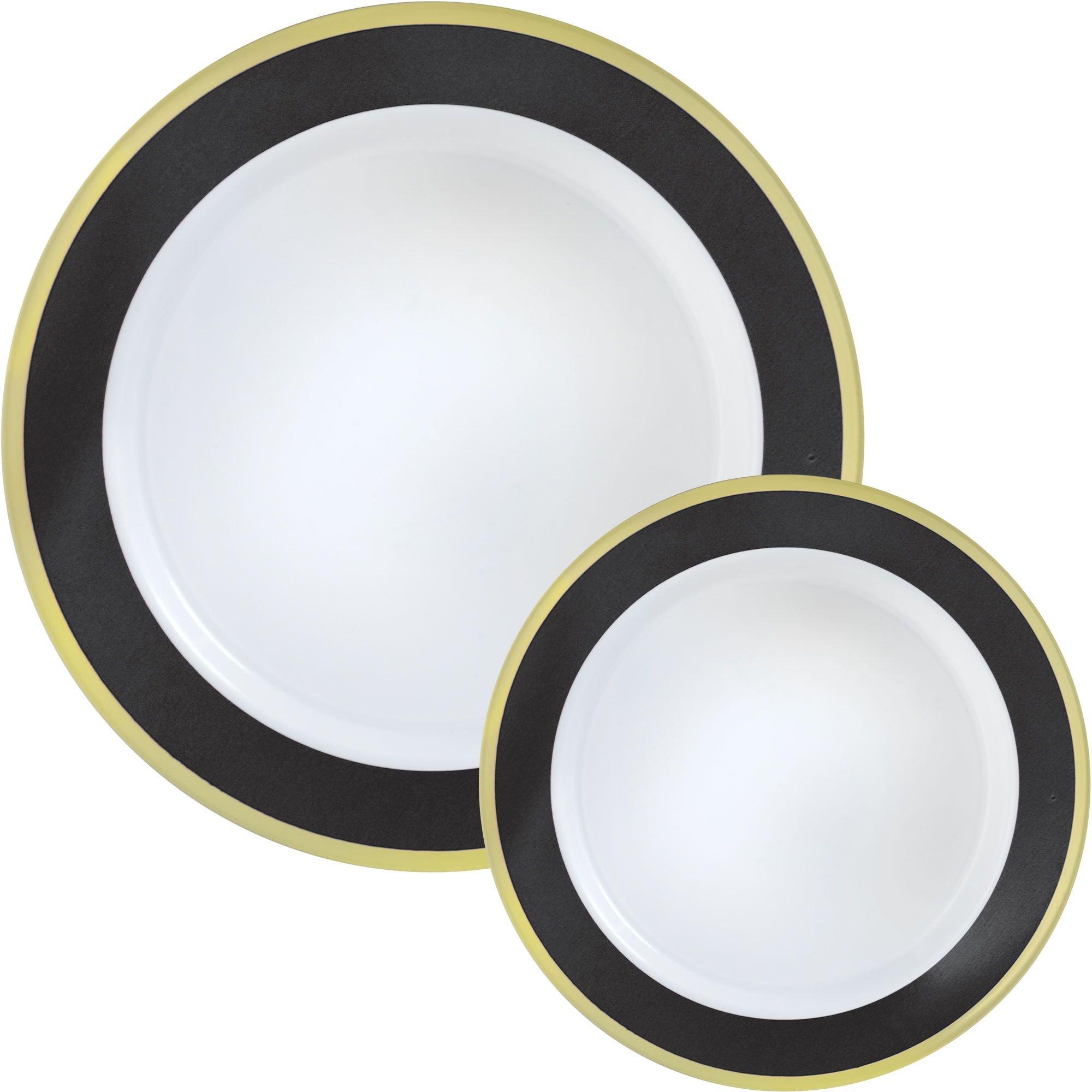 Premium Black & White Plastic Dinner Plates with Gold Border - 25 Ct.