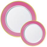 Round Premium Plastic Dinner (10.25in) & Dessert (7.5in) Plates with Bright Pink & Gold Border , 20ct