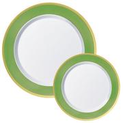 Round Premium Plastic Dinner (10.25in) & Dessert (7.5in) Plates with Kiwi Green & Gold Border, 20ct