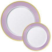 Round Premium Plastic Dinner (10.25in) & Dessert (7.5in) Plates with Lavender & Gold Border, 20ct
