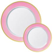 Round Premium Plastic Dinner (10.25in) & Dessert (7.5in) Plates with Pink & Gold Border, 20ct