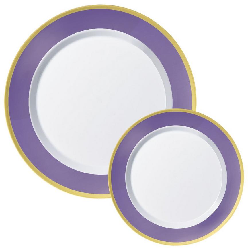 Round Premium Plastic Dinner (10.25in) & Dessert (7.5in) Plates with Purple & Gold Border, 20ct