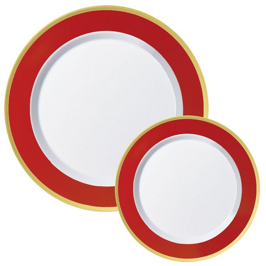 Round Premium Plastic Dinner (10.25in) & Dessert (7.5in) Plates with Red & Gold Border, 20ct