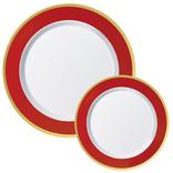 Round Premium Plastic Dinner (10.25in) & Dessert (7.5in) Plates with Red & Gold Border, 20ct