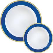 Round Premium Plastic Dinner (10.25in) & Dessert (7.5in) Plates with Royal Blue & Gold Border, 20ct