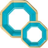 Octoganal Premium Paper Dinner (10.25in) & Dessert (7.5in) Plates with Caribbean Blue & Gold Border, 20ct