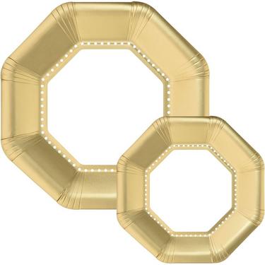 Octoganal Premium Paper Dinner (10.25in) & Dessert (7.5in) Plates with Gold Border, 20ct