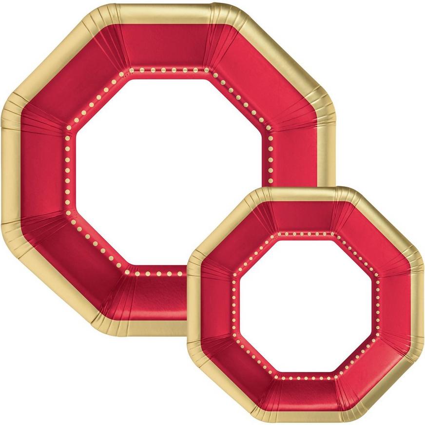 Octoganal Premium Paper Dinner (10.25in) & Dessert (7.5in) Plates with Red & Gold Border, 20ct