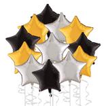 Black, Silver & Gold New Year's Star Foil Balloon Bouquet, 19in, 12pc