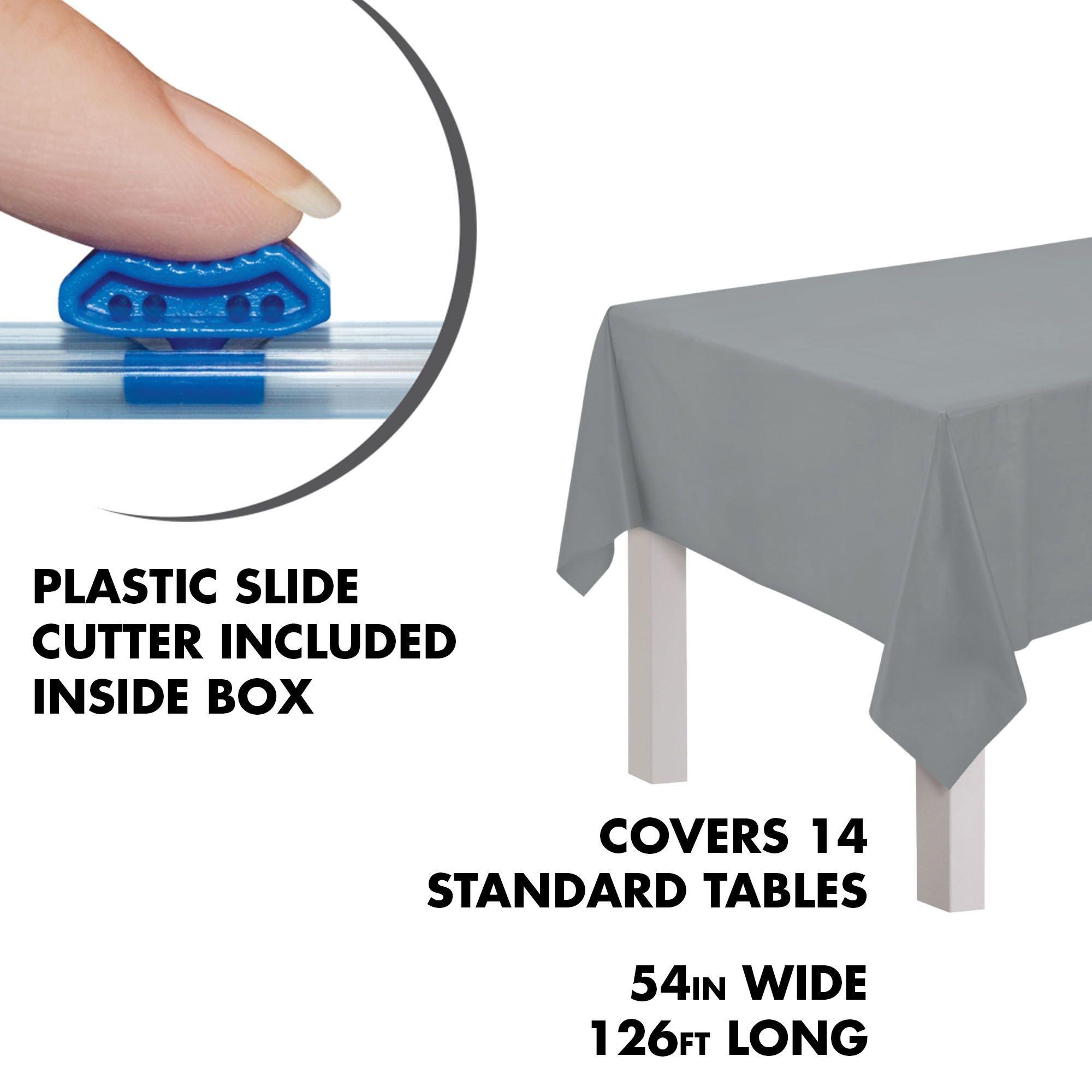 Silver Plastic Table Cover Roll with Slide Cutter, 54in x 126ft Party