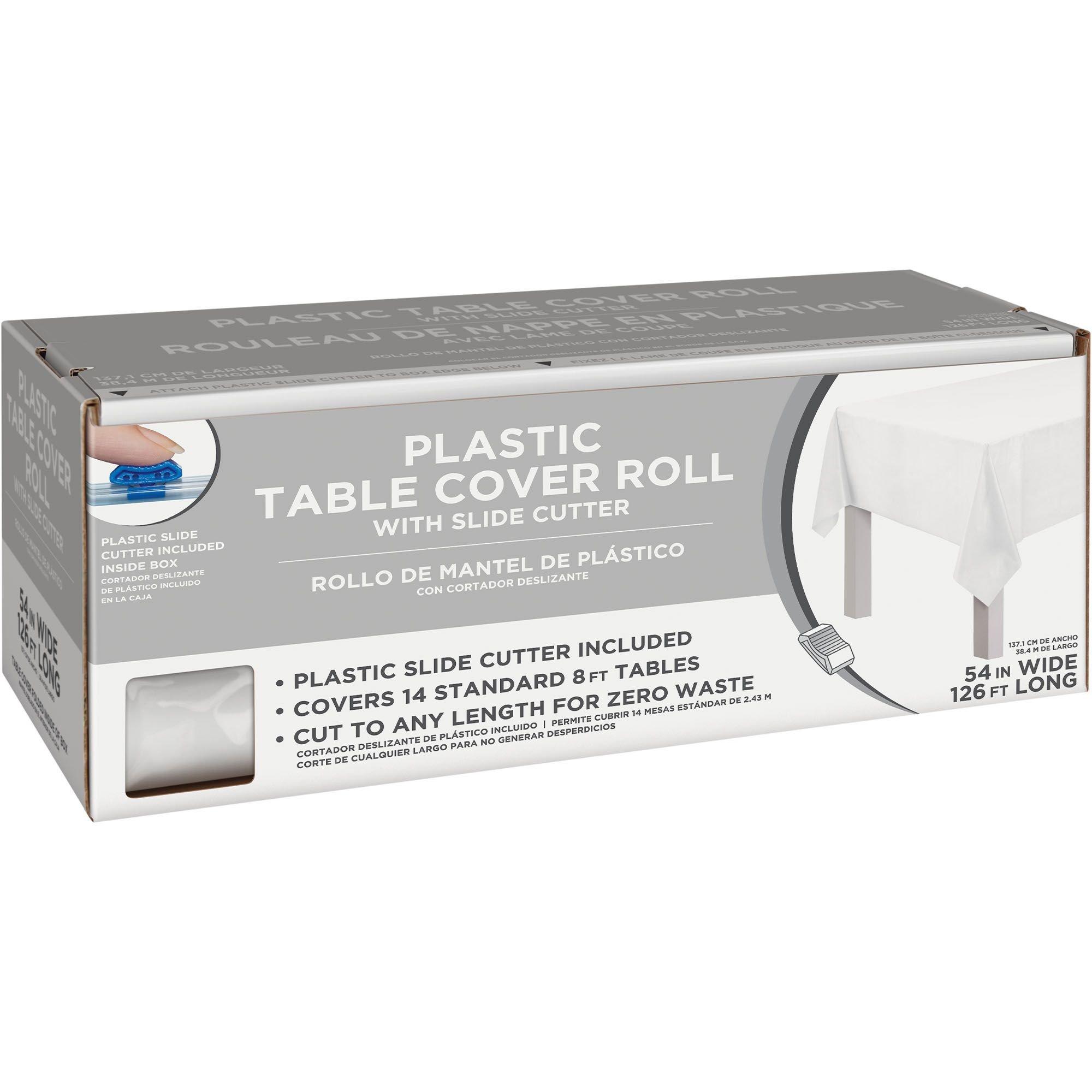 White Plastic Table Cover Roll with Slide Cutter, 54in x 126ft Party City