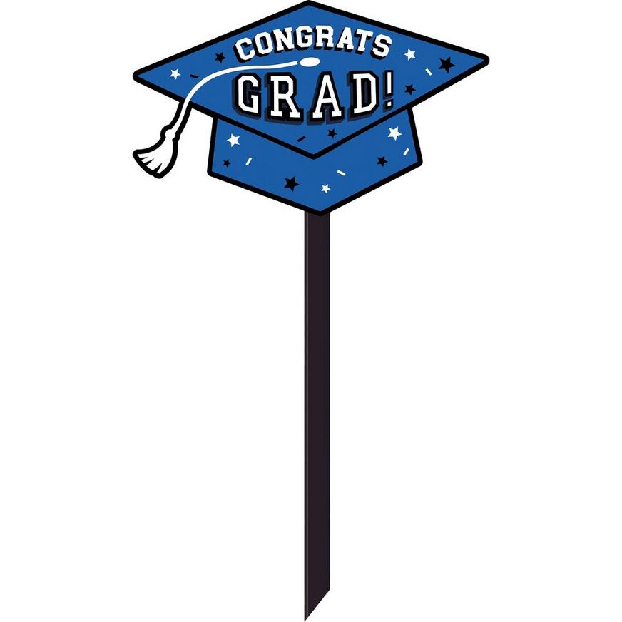 Blue Congrats Grad Cap Plastic Yard Sign, 13.25in x 29.7in
